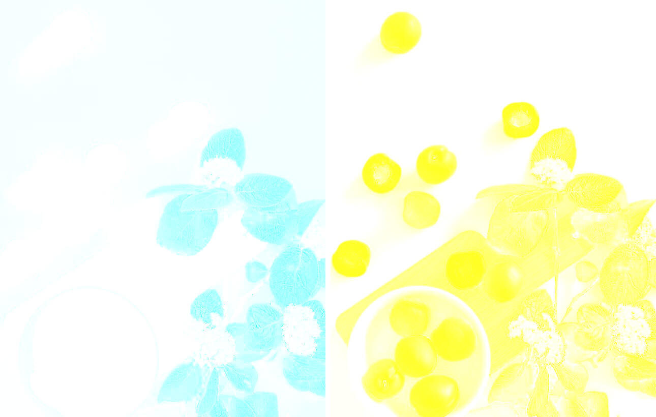 In this example, we separate a PNG of apricots and plant into two color components of the CMYK model: cyan and yellow. Yellow is used in the PNG to depict apricots, plants, and a cutting board, while cyan is employed in the PNG solely for the representation of plants. (Source: Pexels.)