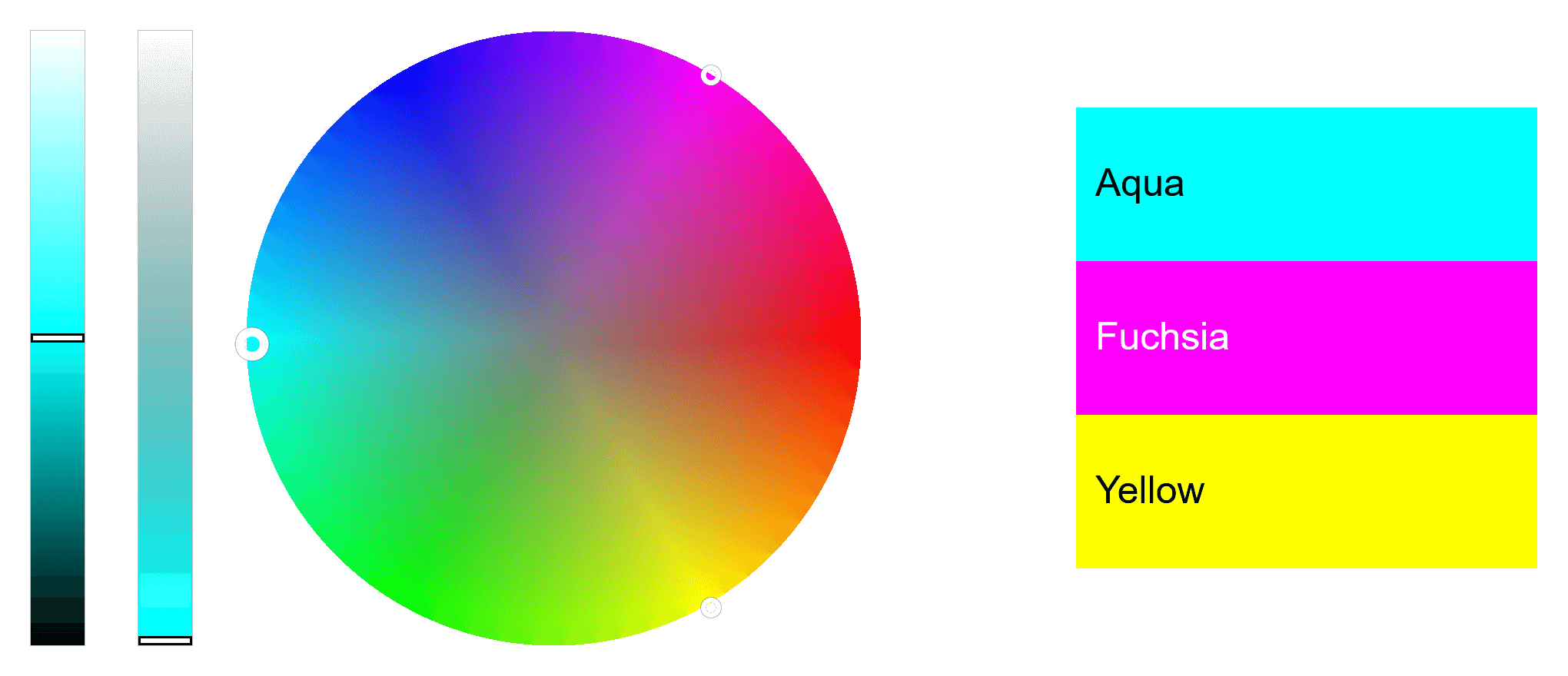 In this example, we create a triadic palette using highly saturated and vivid colors. The base color is Aqua (also known as Cyan), which has a contrast level of 50% and full opacity of 100%. The result is a trio of pure, vibrant hues: Aqua, Fuchsia, and Yellow.