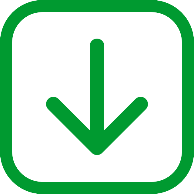 In this example, we transform a compact arrow-down icon without extra space into a square icon. We set the new icon size to 560×560 pixels and add transparent space around the icon to create a square shape. Additionally, we add a green frame with a width of 40 pixels around the icon, with corners rounded to a radius of 100 pixels. (Source: Wikipedia.)