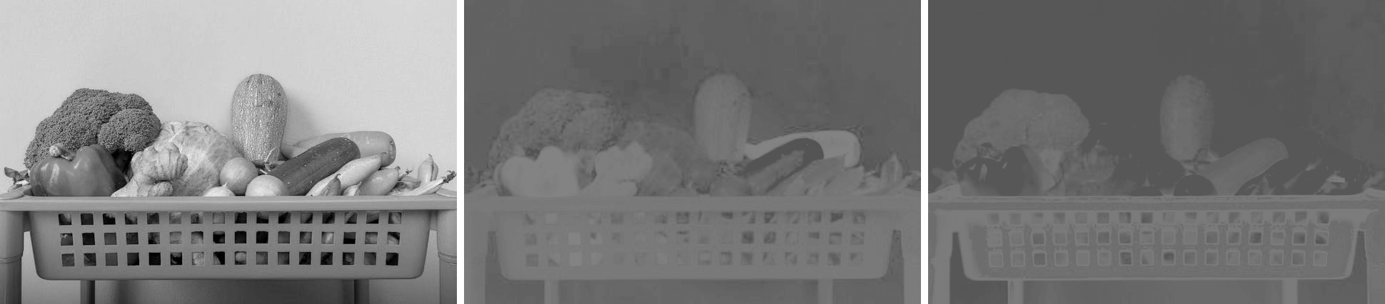 In this example, we split a PNG image of a basket of vegetables into all three LAB channels and display them in grayscale. The Lightness (L) channel emphasizes the luminance (brightness) of each vegetable, while the A and B channels reveal the color spectrums in terms of red-green and blue-yellow content. The grayscale filter helps us focus on the relative intensity distribution within each LAB channel instead of the spatial encoding of luminance and chromaticity. (Source: Pexels.)