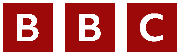 In this example, we convert the well-known BBC logo in black colors into a new red version. We specify the original logo color via its name "black" and enter a dark red shade with the hex code #9d0808 for the replacement. To effectively remove all black pixels, including those that are not perfectly black (such as dark gray pixels used for anti-aliasing), we set the color change coefficient to 10%. (Source: Wikipedia.)