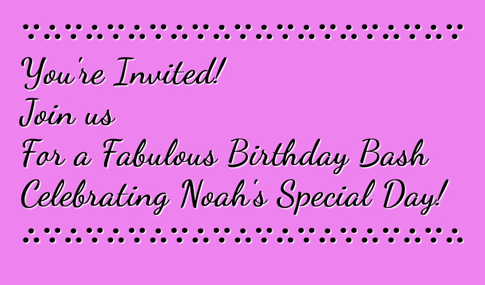 In this example, we create an attractive and personalized birthday invitation. We simply type the invitation text into the input field and obtain a colorful PNG card as output. We use the custom "Dancing Script" font by loading it via Google Fonts URL and decorate the invitations with a pattern made out of special "∴∵" characters. Additionally, we add a white shadow to the letters to add an outline to the black text so that it looks more prominent on the violet background.