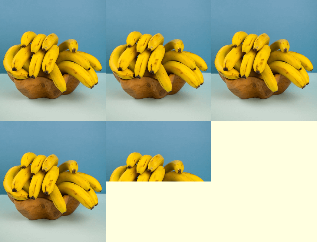 In this example, we clone a bunch of bananas 4.5 times and arrange the clones in 3 columns. Since the last PNG copy is not complete (it's only 0.5 of the image), the program cuts the banana bunch in half, leaving only the top half of the PNG. In areas where the image clones are not used, we fill with a light yellow color. (Source: Pexels.)