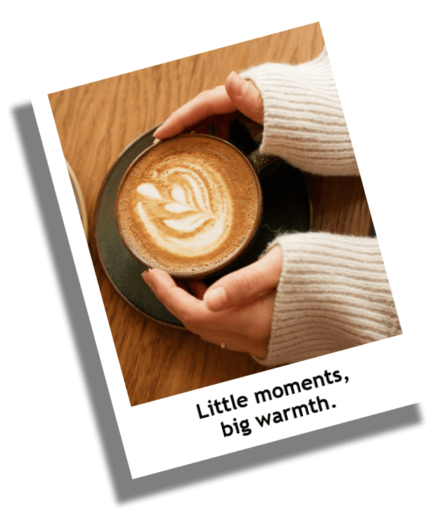 In this example, we transform a cup of coffee photo in PNG format into a cozy polaroid snapshot. We add a thick white frame and a two-line caption, "Little moments, big warmth.", at the bottom. The caption is set in Trebuchet MS font, made bold, and centered. To give it a more natural feel, we rotate the polaroid by 15 degrees and add a custom shadow with a horizontal offset of -30 and a vertical offset of 30, making it appear as if the photo is casting a shadow behind it from the light source. (Source: Pexels.)