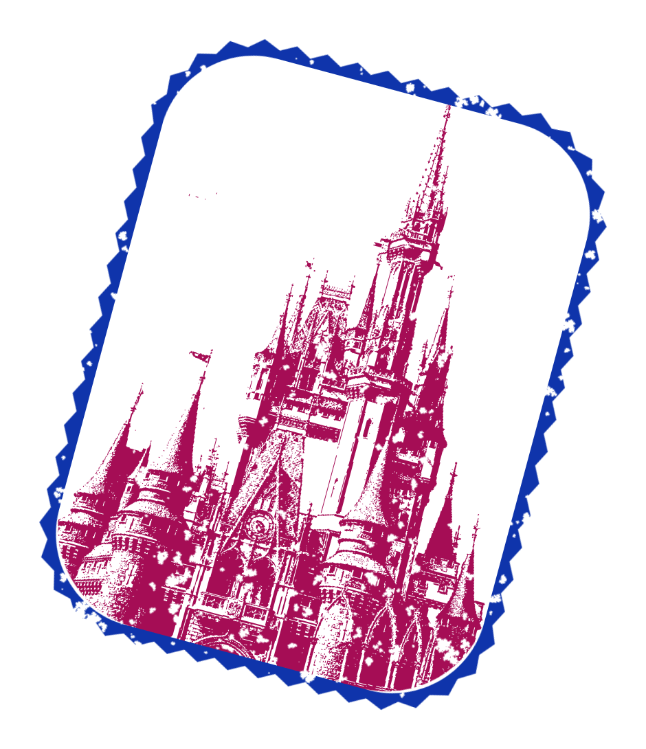 This example transforms a JPG photo of the Disney castle into a decorative rectangular seal with rounded corners. It reduces the tonal detail of the castle to 40% to enhance the shadows and darker parts of the castle, adds a 25-pixel spiky border, and slightly rotate the imprint to the right by -15° (clockwise). The seal quality is set to 50% to simulate an imperfect ink impression. Rich magenta and dark blue tones are used to create an eye-catching design. This seal can serve as a memorable souvenir for Disneyland visitors. (Source: Pexels.)
