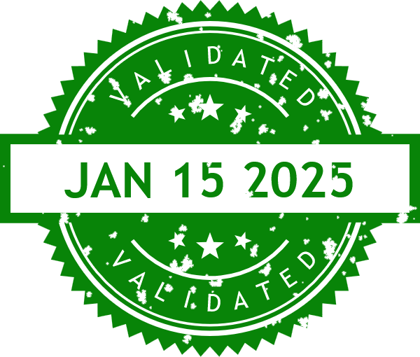 In this example, we generate a digital seal containing only the date of a validated document. For the seal's design, we select a round shape with a banner message and a spiky border, all colored and filled in green. The seal includes the validation date "Jan 15 2025" and a "VALIDATED" label, making it ideal for putting on documents. The seal's inner areas are color-filled, the "VALIDATED" label is inverted, and it contains star and line paterns. Additionally, the seal has quality setting of 70%, making it look old and faded.