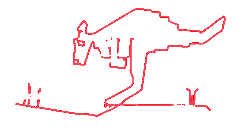 In this example, we extract the route that a Strava runner took on his daily run. He used a GPS tracker to record his running path and it turned out to be a drawing of a kangaroo in the city of Victoria in Canada. Such drawings are also often called GPS art and a person who does such art is called a human etch-a-sketch. To make the kangaroo drawing a little bit clearer, we also add a 1-pixel red line along the edges of the extracted pixels. (Source: Strava.)