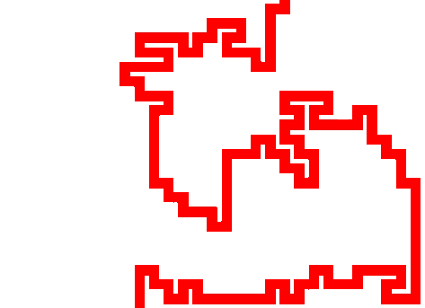 In this example, we extract the correct solution for a maze. We enter the color "red" in the color extraction option and get a line that connects the start entrance and the exit point of the maze. (Source: Wikipedia.)