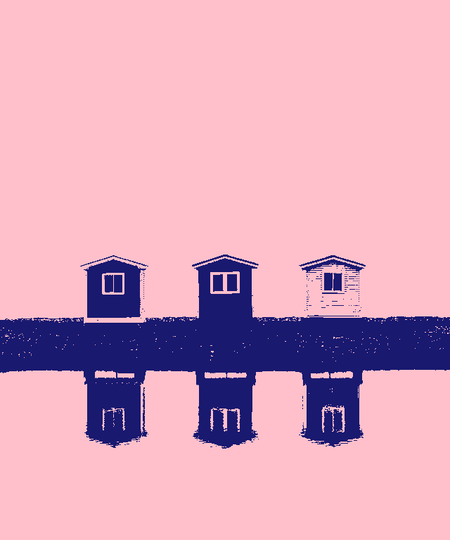 In this example, we upload a PNG of fishing houses and posterize it using two custom colors. We paint the sky and water reflections of the houses in pink color and fill the darker regions with midnight-blue color. (Source: Pexels.)