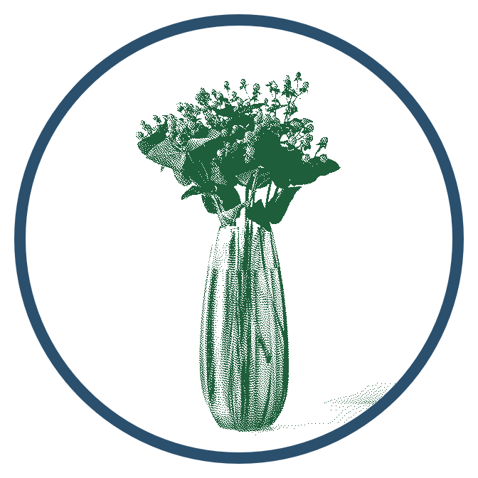 In this example, we create a decorative stamp from a JPG photo of a flower vase. We switch to the circular cropping mode and select a round 600×600 pixel area of the JPG. To preserve the maximum artistic detail and texture, we enable the dithering option using the Atkinson's method. Around the border, we add an extra 20 pixels of padding, giving the edges some space. Additionally, we style the stamp with two colors – dark green for the vase and flowers and dark blue for the circular border. (Source: Pexels.)