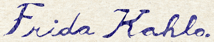 In this example, we're working with a scanned version of Frida Kahlo's signature, written on a textured paper. To keep the paper's details visible, we activate the dithering effect. This effect creates a dotted texture on the stamp that helps preserve the paper's look. We lower the contrast to 50% so the background texture stays clear in the final stamp. The stamp is shaped as a rectangle with a wavy border around it for extra style. The ink density is set to 80%, and the stamp is rotated 10 degrees counterclockwise to give it a hand-placed feel. To make it stand out even more, we use two different colors: one for the border and one for the signature ink. (Source: Wikipedia.)
