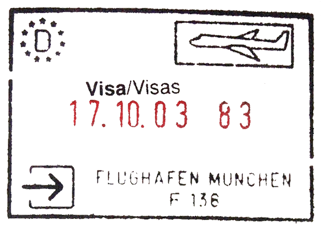 In this example, we're working with a visa stamp from a German passport. When a traveler arrived in Munchen, this stamp was printed in her passport. Now we want to separate it from the passport's paper color. We can do it quickly by picking the passport page's color and setting the color similarity index to 22%, which matches lighter and darker passport page shades. We also make the pixels at the edges of the stamp slightly transparent to fully remove any leftover background. (Source: Wikipedia.)