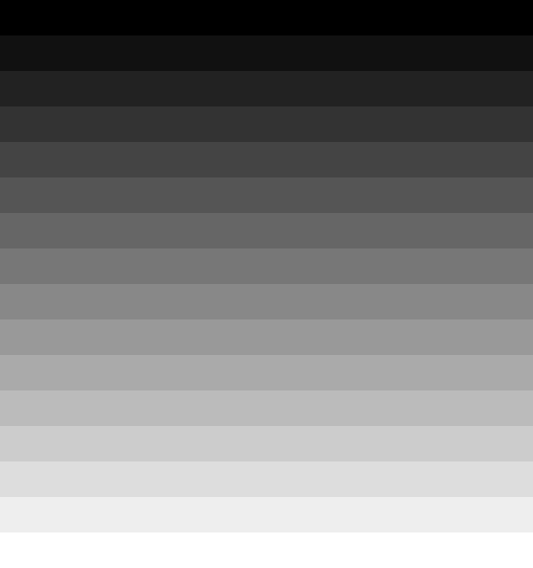 In this example, we create a visual representation of several shades of gray that form a discrete color gradient. We enter a list of 16 hexadecimal color codes in the tool options, each representing a different shade of gray, ranging from pure black (#000000) to pure white (#ffffff). Each color is a lighter than the one before by the value of 0x111111. These shades are stacked vertically as individual horizontal bands, creating a clear visual progression from dark to light.