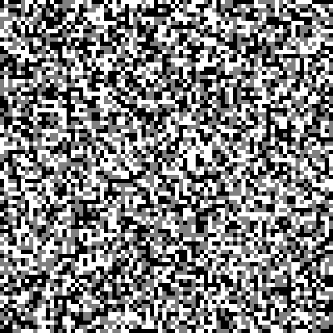In this example, we create a three-color Gaussian noise image. We use grayscale tones – that is, white, black, and gray pixel colors and have each color fill a random square block of size 6×6 pixels. The overall size of the grayscale image is 480×480 pixels but there are 80×80 blocks.