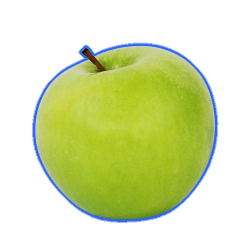 In this example, we remove a thin blue outline around a green apple in a PNG image. We set the outline width to 8 pixels, which causes the program to make the pixels on the edge of the apple 8 pixels deep completely transparent. We also set the smoothing to 3 pixels, which causes the program to make the 3 outermost lines of pixels on the apple semi-transparent. (Source: Pexels.)