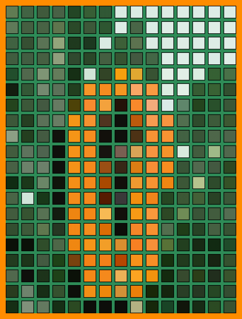 This example splits a PNG image of papaya into large color blocks of size 40×40 pixels, creating vibrant abstract art. Each block is outlined with a 2-pixel thick black border and the blocks are spaced 10 pixels apart. The gaps are filled with a "sea-green" color, which is specified in the options. The entire mosaic is also surrounded by a 20-pixel dark orange padding, which creates the effect of a frame around it. (Source: Pexels.)