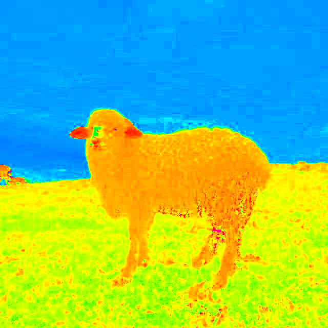 In this example, we explore the color spectrum of a PNG of a happy sheep. To do this, we extract the hue channel from the PNG and get a bright, multi-colored visualization that shows the hues used in the PNG. As you can see, the sheep is predominantly orange, the grass is yellow and green, and the sky is blue. (Source: Pexels.)