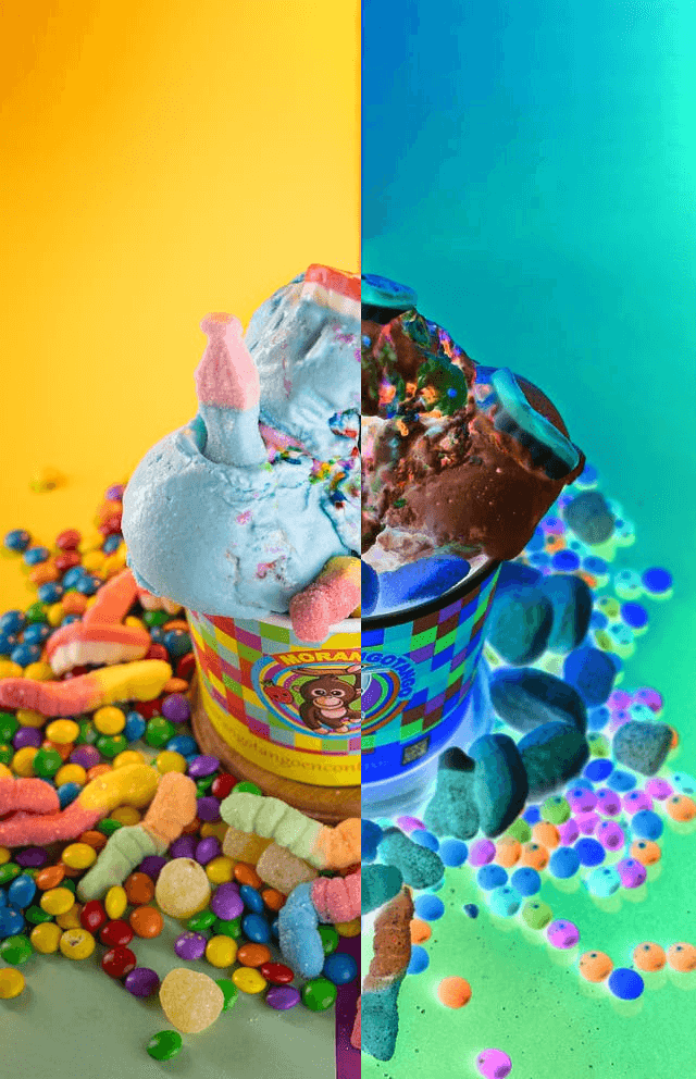 In this example, we upload a vibrant PNG image of an ice cream covered in gummy worms and Skittles. We select the right half of the PNG by dragging the rectangular shape over it and positioning it at 332 pixels from the left. Then, we apply the color reversal effect inside this shape. As a result, the pink-red background turns into a blue-green background and the milk ice cream in the cup turns into chocolate ice cream. (Source: Pexels.)