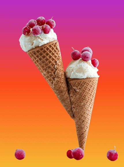 In this example, we demonstrate how to replace the alpha channel in a PNG sticker with a vibrant linear gradient. We load a transparent PNG of ice cream cones with red berries in the input and add a linear gradient background that transitions from soft purple (#b82cc6) to bright red (#fc4a1a) to warm orange (#f7b733), creating a yummy burst of color. (Source: Pexels.)