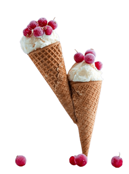 In this example, we demonstrate how to replace the alpha channel in a PNG sticker with a vibrant linear gradient. We load a transparent PNG of ice cream cones with red berries in the input and add a linear gradient background that transitions from soft purple (#b82cc6) to bright red (#fc4a1a) to warm orange (#f7b733), creating a yummy burst of color. (Source: Pexels.)