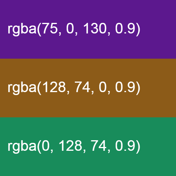 This example creates a dark three-color scheme. Its base color is Indigo, which has a very low contrast value (set to 25% out of 100%). Other colors in this palette inherit the same contrast level, resulting in dark saddle brown and sea green colors. Also, the example reduces the opacity of the colors to 90% (out of 100%), making them slightly transparent (10% transparent). The final set of colors is displayed with their RGBA codes, which include alpha channel value as the last argument (equal to 0.1, which is 10%).