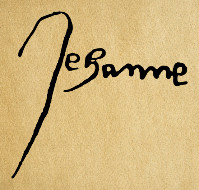 This example turns a photo of Jeanne d'Arc's signature (written on an aged parchment) into a round digital seal. To create it, the seal's shape is set to circular and the circle is carefully positioned so that it's centered around the signature. A 12-pixel-wide border is added to give the seal a bold and official appearance. The ink aging value is set to 75%, giving it a more historical feel. (Source: Wikipedia.)