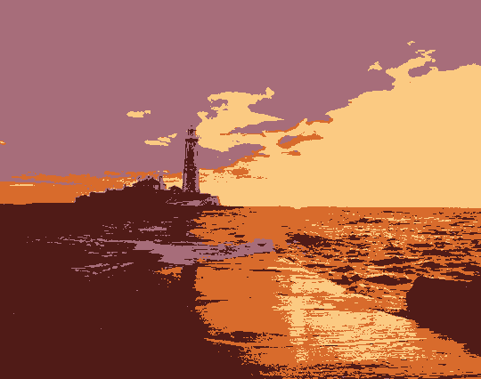 This example reduces the hue count of a PNG image of a lighthouse at sunset to just four hues. It processes all colors in the PNG and limits the new color palette in the output PNG to four colors. The new colors are chosen so that the content of the original PNG is preserved as well as possible. (Source: Pexels.)