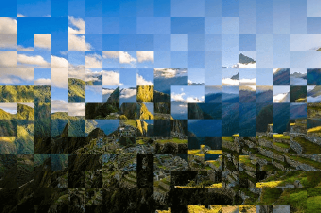 In this example, we randomize the pixels in a Machu Picchu photo by shifting each one no more than a single position from its original location. This means each block can swap places only with an adjacent block but cannot move further. The blocks are 34 pixels in size, and the incomplete blocks at the right and bottom edges are shuffled separately from complete ones. This process creates an interesting randomization effect, where the shifted pixels of the sky and mountains remain approximately aligned with their original positions. (Source: Pexels.)