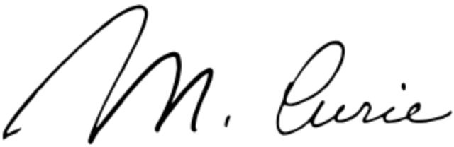 In this example, we increase the size of Marie Curie's signature. We use the proportional resizing method, where the ratio of the signature's width and height always remains constant. We enter the new width equal to 640 pixels and the program automatically calculates the new height, which is now 208 pixels. (Source: Wikipedia.)