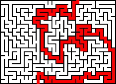 In this example, we extract the correct solution for a maze. We enter the color "red" in the color extraction option and get a line that connects the start entrance and the exit point of the maze. (Source: Wikipedia.)