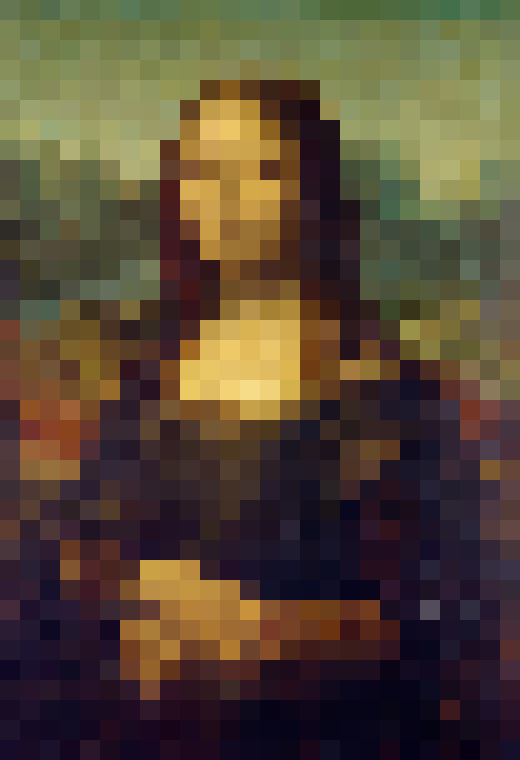 In this example, we transform the iconic Mona Lisa painting into a mosaic of large color tiles, each measuring 20-by-20 pixels. The color of each tile is found by averaging the 20-by-20 original pixels. The tiled version of the Mona Lisa gets a simplified look and still retains its recognizable features. (Source: Leonardo da Vinci.)