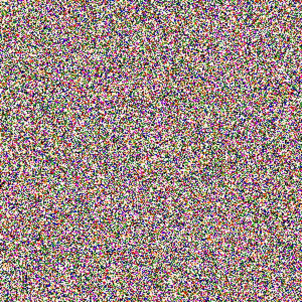 In this example, we demonstrate that white noise doesn't necessarily mean that all pixels have to be just black and white. Here we have chosen a bunch of other colors to be used in the generator and as they are randomly distributed, they still follow the white noise pattern.