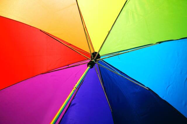 In this example, we split a PNG image of a multicolored umbrella into its individual RGB components. The red component is most prominent in the red, orchid, gold, yellow, and lime sections of the umbrella. The green component is present in the gold, yellow, lime, and sky blue sections of the umbrella. The blue component is most pronounced in the lime, sky blue, midnight blue, and blue sections of the umbrella. (Source: Pexels.)