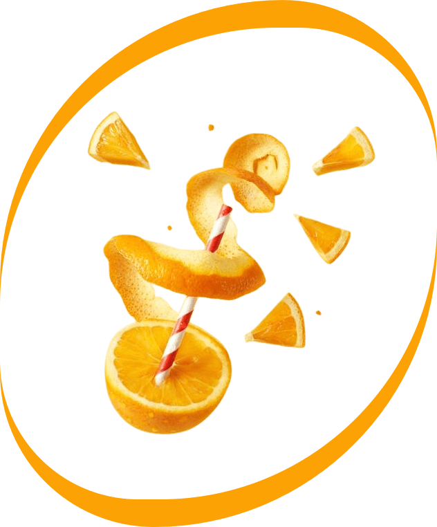 In this example, we add a decorative border with an unusual shape to a vibrant PNG image of a citrus composition. We apply the border only to the top and bottom sides and activate corner rounding. We round the top left and bottom right corners to 400 pixels, and the top right and bottom left corners to 200 pixels. We fill the border with an orange color, resulting in a unique and dynamic border around the PNG. (Source: Pexels.)