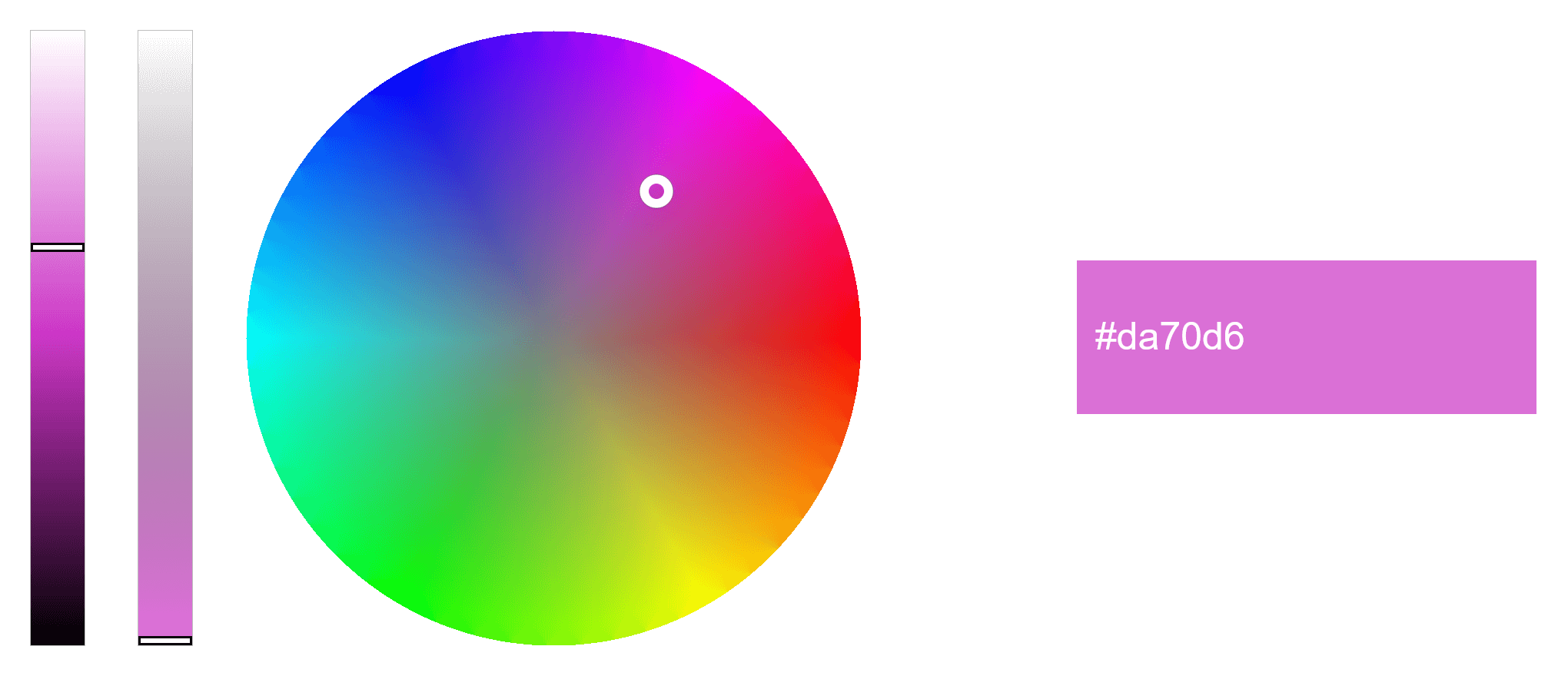 In this example, we locate the Orchid color on the color wheel and determine its exact lightness. To do it, we input the word "Orchid" into the "Start Color" option, and the tool automatically finds this color and marks its position on the color wheel. It also calculates the precise lightness value (equal to 65%) and also the precise opacity value (equal to 100%). The selected color is also displayed with its exact hex code. As you can see, Orchid is slightly lighter than a pure color – pure hues have a lightness value of 50% but Orchid has lightness of 65%. For the download format, we select the full canvas format, which includes the wheel and sliders.