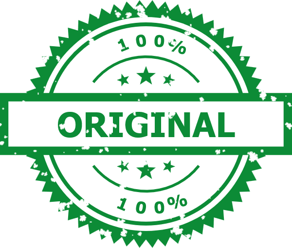 In this example, we create an authenticity stamp with a single word "ORIGINAL". We select a circular stamp shape with a centered, rectangular text banner and activate the spiky edge mode. The spiky edge mode adds spikes around the outer perimeter of the stamp. Additionally, we enhance the stamp with extra text "100%" and decorative elements, such as a second border,  three stars, and underlines below the extra text. This type of stamp is well suited for marking authentic documents or products that require QA verification. The green color intuitively conveys authenticity, while the 65% wornness setting gives the stamp the effect of a real ink imprint.