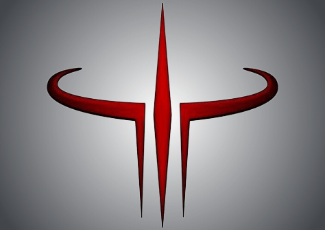 In this example, we add a background to a transparent Quake 3 Arena logo, which is also the Quad Damage power-up. To emphasize the shape of the logo, we use a radial gradient with a 550px radius that's positioned in the center of the PNG. We create the background from three colors – white, #43464B, and #222426 – that mixed together from the center to the edges create a metallic silver color tone. (Source: id Software.)