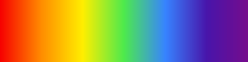 In this example, we use the linear gradient mode to create a seven-color rainbow gradient. We create a rectangular PNG with a width of 800 pixels and a height of 200 pixels and draw all rainbow colors as a gradient from left to right on it (the gradient angle is 0°).