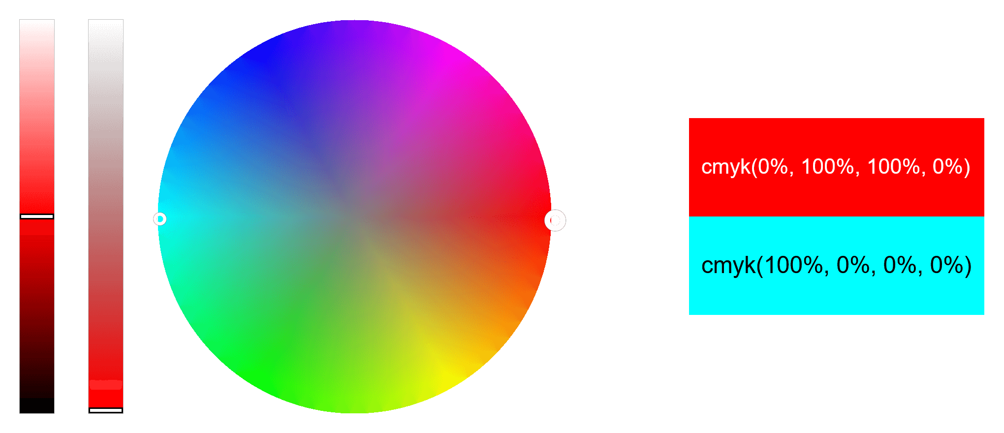 This example generates a high-contrast complementary color scheme. It picks the base red color from the color wheel and enable the complementary color mode to automatically calculate its opposite color, which turns out to be aqua. In the output, the tool prints both colors (red and aqua) with matching lightness (50%) and full opacity (100%). The output color-palette also has color labels attached in the CMYK format.