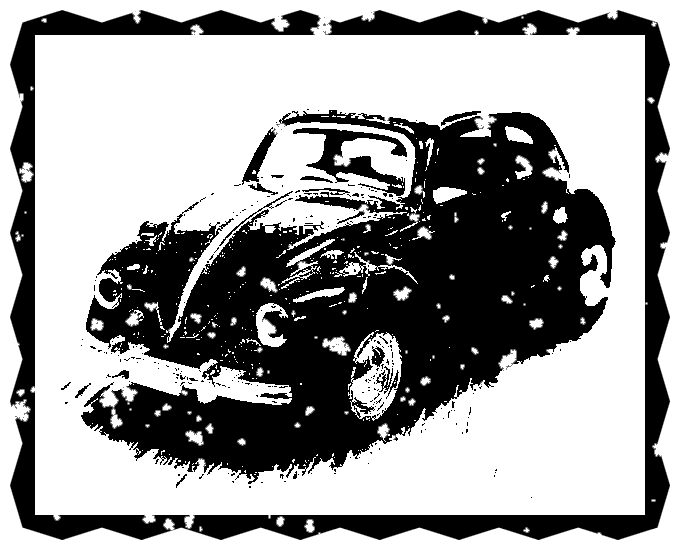 This example turns a single-frame, static GIF image of a red Volkswagen Beetle into a stamp resembling a postage mark. It tightly crops the image around the car, sets a rectangular shape, and adds a bold black spiky border around it. The stamp is colored black and its quality is reduced to 70%, giving it a slightly worn, imperfectly inked appearance. (Source: Pexels.)