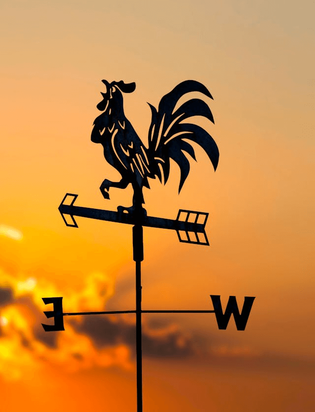 In this example, we use our tool to invert the orientation of a retro weathervane with a rooster at its apex, as captured in the given PNG photo. The tool creates a mirrored PNG version, altering its orientation from pointing to the right to pointing to the left, and swapping the east (E) and west (W) indicators as well. (Source: Pexels.)