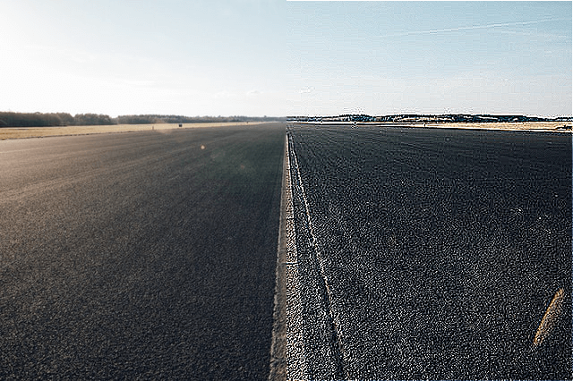 This example selects and sharpens the right half of a PNG picture by 150%. Pixels on the right side of the road become rougher and more detailed but the pixels in the left half are left untouched. (Source: Pexels.)