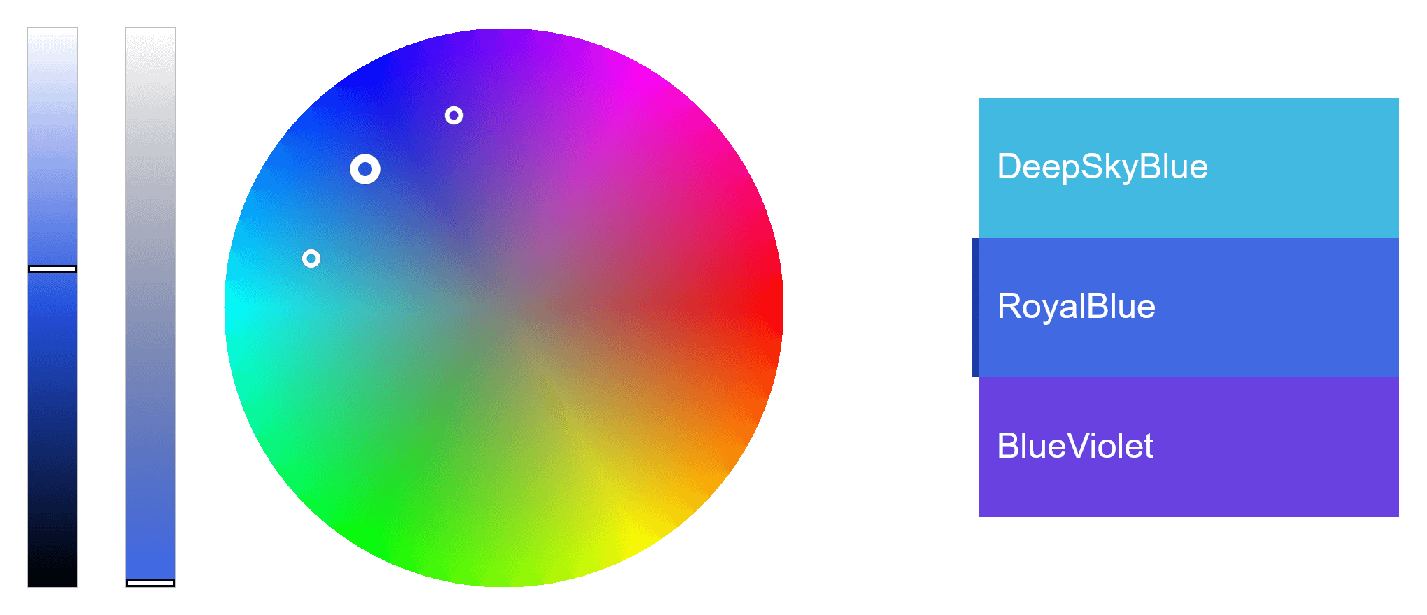 In this example, we create a palette of three analogous colors in the blue hue range. We specify "RoyalBlue" as the starting color and set the hue step to 30°. As a result, the output palette includes "DeepSkyBlue" (rotated 30 degrees counterclockwise on the color wheel) and "BlueViolet" (rotated 30 degrees clockwise on the color wheel) along with the starting color.