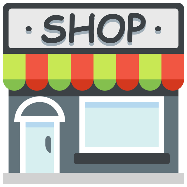 In this example, we upload an icon with a building and add the text "·SHOP·" to the empty wall space. We use a playful font, Comic Sans MS, in bold and a large size (130 pixels). To create a 3D effect for the sign, we add a shadow to the letters, with a 10-pixel downward offset, no blur, and a light gray color. (Source: Wikipedia.)