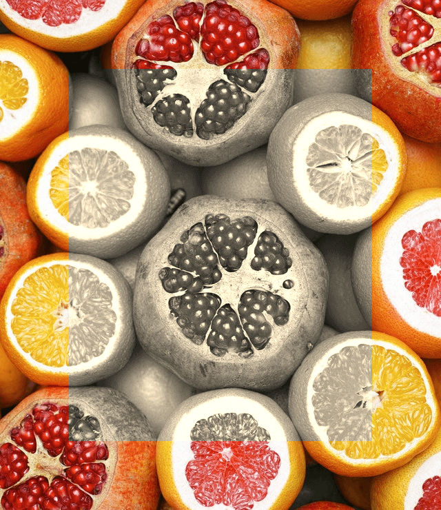 This example converts a PNG of fruits to grayscale before applying the sepia effect. It only changes the rectangular region in the middle of the image, x = 100, y = 100, with dimensions of 440 by 540 pixels. It turns this area into gray shades and then adds 60% sepia tones on top of them. (Source: Pexels.)