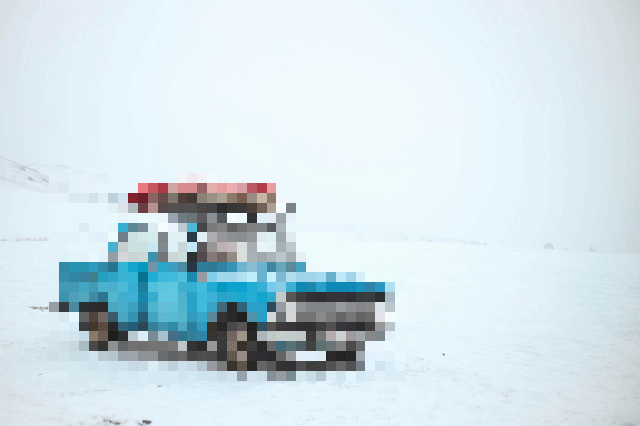 This example pixelates a rectangular area of a PNG picture. The pixelation strength is 10 and it's applied to a 355x205 rectangle at position (50, 175) that contains an old car. As only the car is pixelated, the snowy background is left unchanged.  (Source: Pexels.)