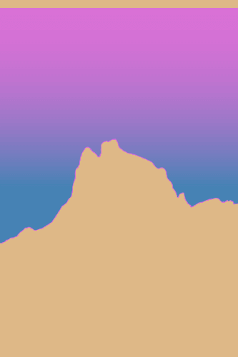 In this example, we visualize the alpha channel in custom colors. For the opaque pixels of the mountains (where α = 1), we use the color burlywood. For the fully transparent pixels just behind the mountains (where α = 0), we use the color steelblue. For partially transparent pixels (0 < α < 1) high in the sky and around the edges of the mountains, we use the color orchid, displaying the actual transparency level of each pixel. (Source: Pexels.)