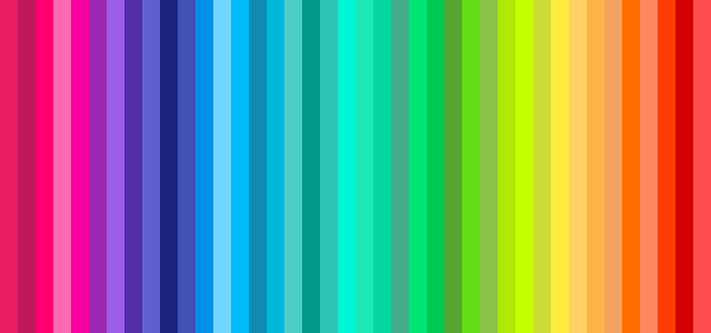 This example takes a list of 40 colors in HEX format and sorts them in reverse rainbow spectrum order. The tool draws each color as a thin vertical stripe measuring 16×300 pixels and puts them side-by-side, creating a horizontal color palette. The sorted color palette begins with violet hues, followed by indigo, then blue, green, yellow, orange, and finally red. The sorted list of colors in HEX format is also printed in text format in the sorted colors output block for easy access.