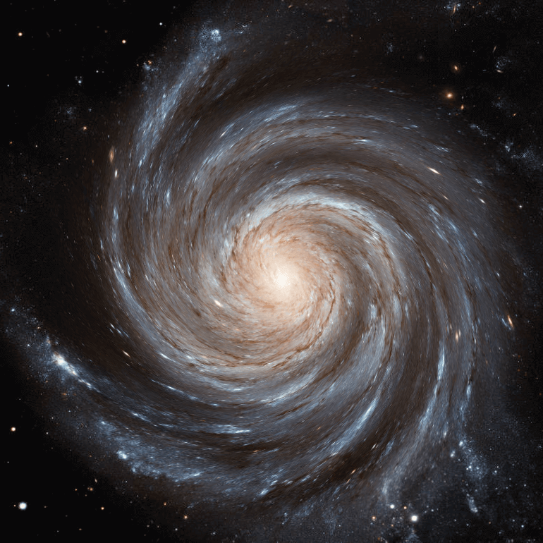 In this example, we used our utility to predict what a spiral galaxy called The Pinwheel Galaxy (also known as Messier 101) will look like 10 million years later. As spiral galaxies keep rotating around their centers, they get curled up more and more and to perform this simulation, we placed the point of rotation in the very center of the galaxy and created a swirl of 45 degress. (Source: NASA.)