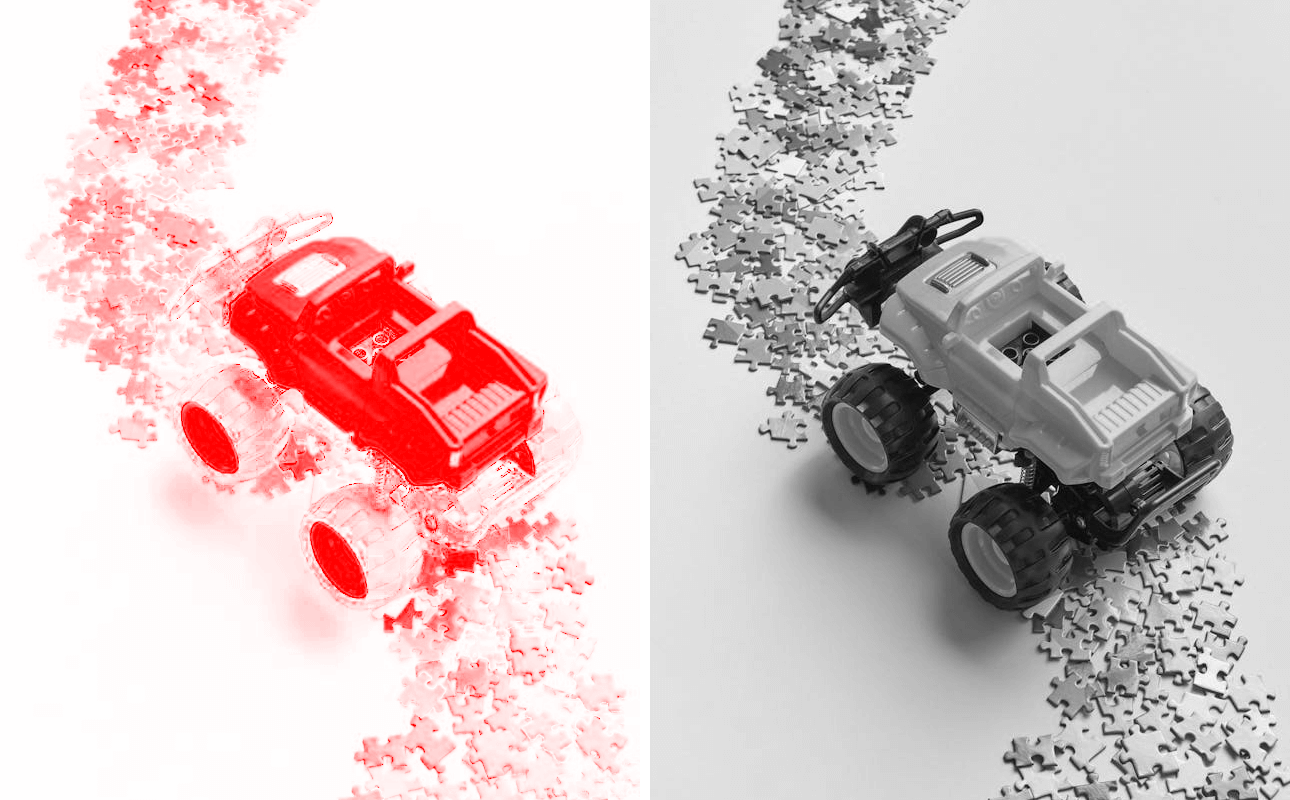 In this example, we split a PNG file of a toy car on a puzzle mat into two parts – one showing the saturation channel and the other showing the intensity channels. The saturation channel shows highly saturated regions of the yellow car body and colorful puzzle pieces, while the gray floor and black wheels appear dull as they have low color saturation. The intensity channel reveals the light distribution – the background and the yellow car are the brightest areas (so they are light gray or white), whereas the wheels are the darkest (so they are black). This comparison highlights how color purity and brightness vary across parts of the PNG. (Source: Pexels.)